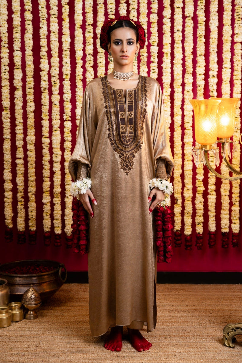 Beige Nude Shimmer Tunic & Pant Set-Beige / Nude crepe kurta/kurta set by Sabo by Sabina in beige for women in Singapore