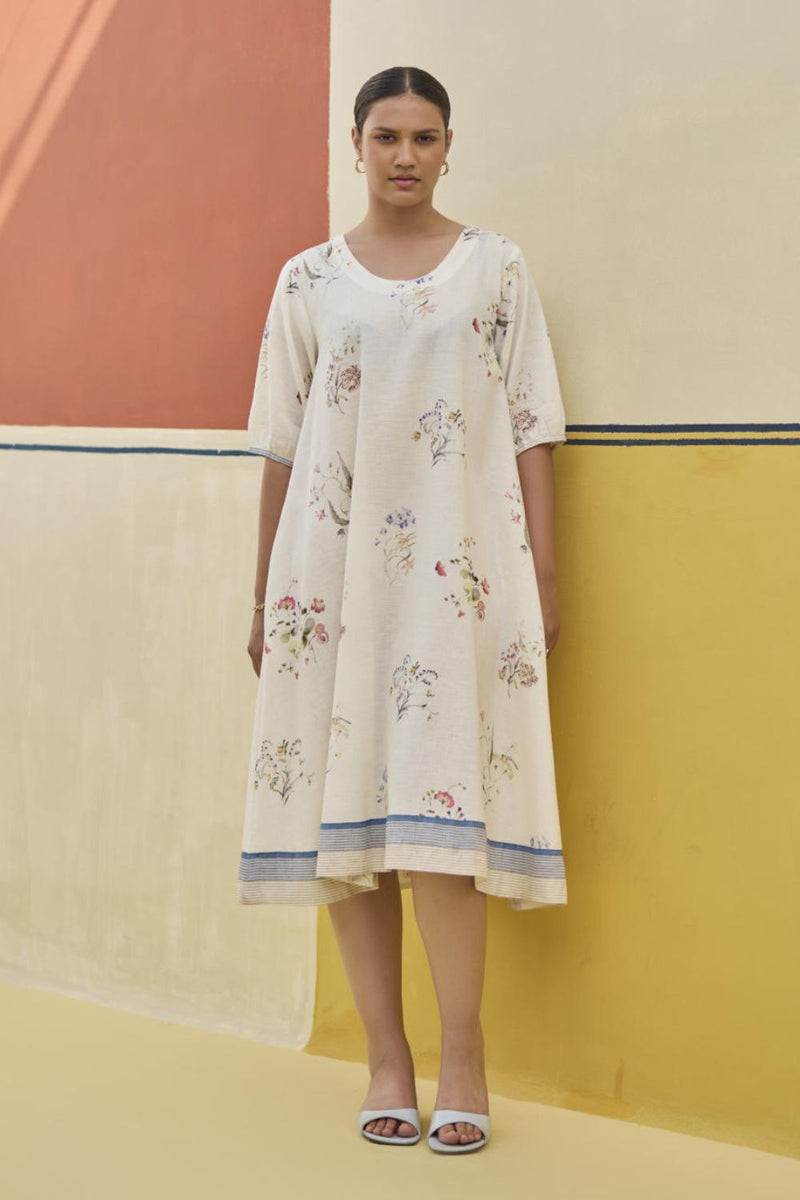 Kaya Watercolour Floral Linen Dress
- Ivory linen by Manan in ivory color for women in Singapore