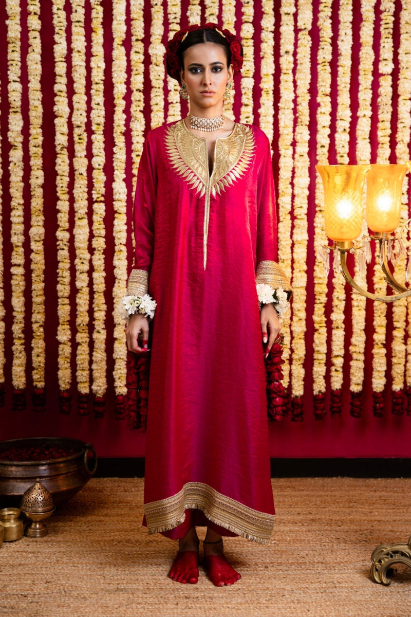 Coral Shimmer Tunic & Pant Set-Red / Pink Coral crepe kurta/kurta set by Sabo by Sabina in red for women in Singapore