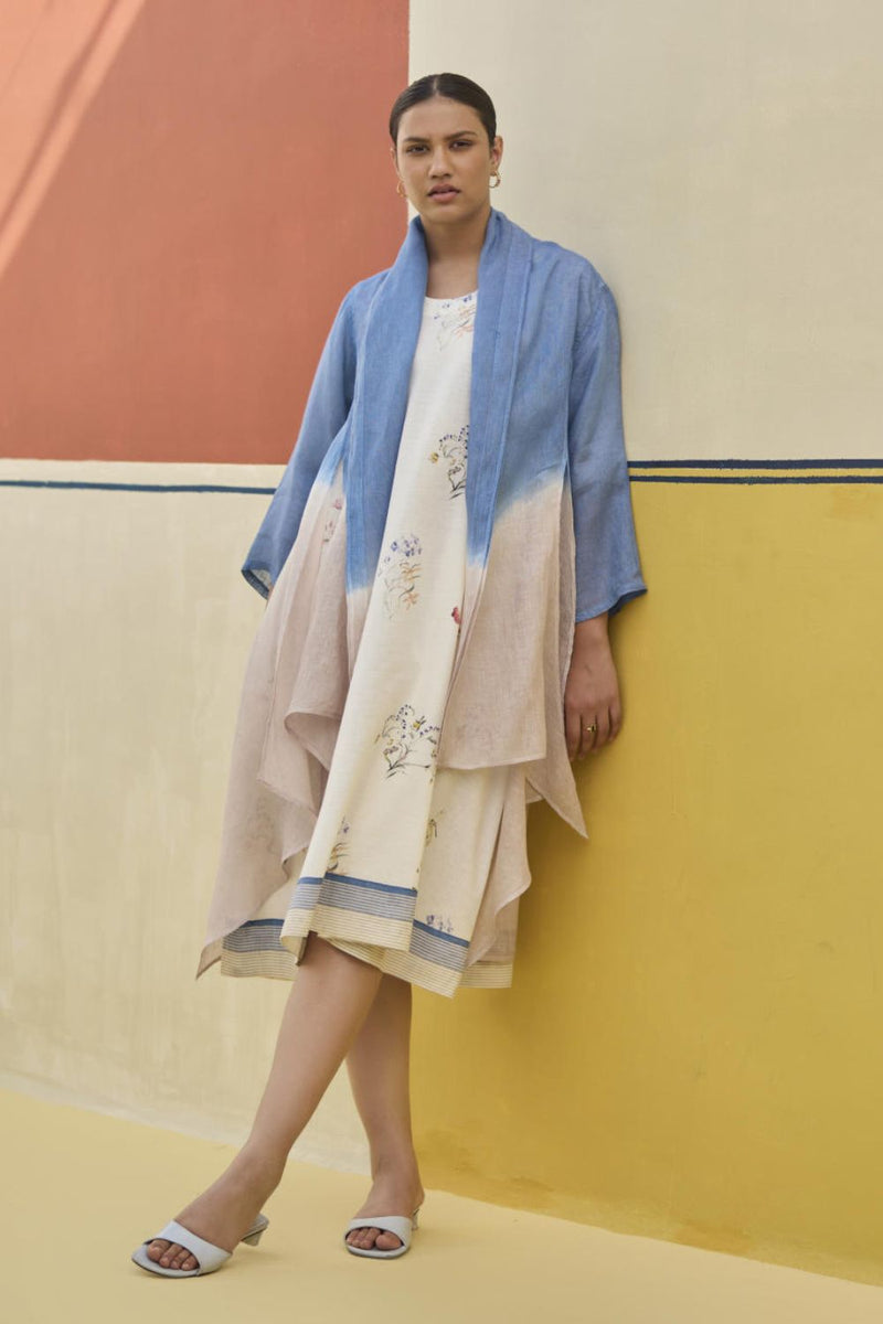 Kaya Floral Linen Dress With Overlay
- Ivory linen by Manan in ivory color for women in Singapore