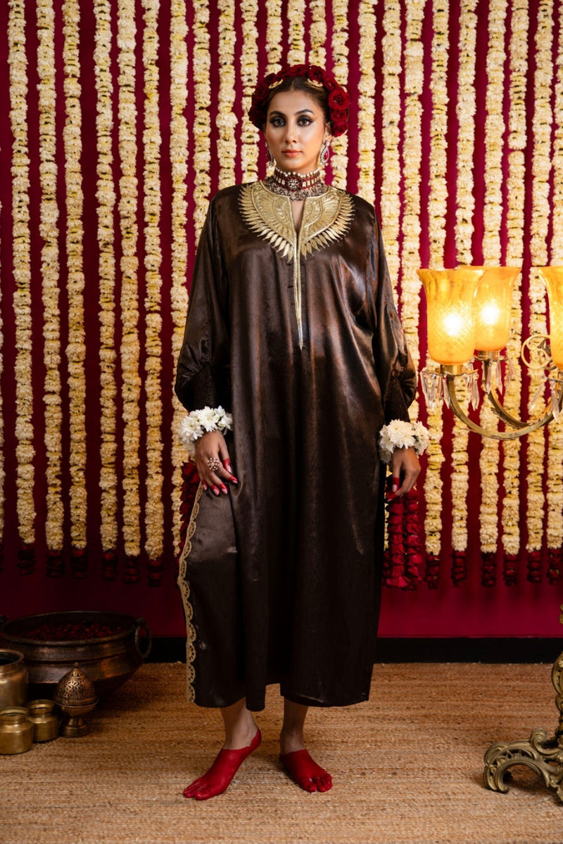 Chocolate Brown Shimmer Tunic & Pant Set-Chocolate Brown crepe kurta/kurta set by Sabo by Sabina in brown for women in Singapore