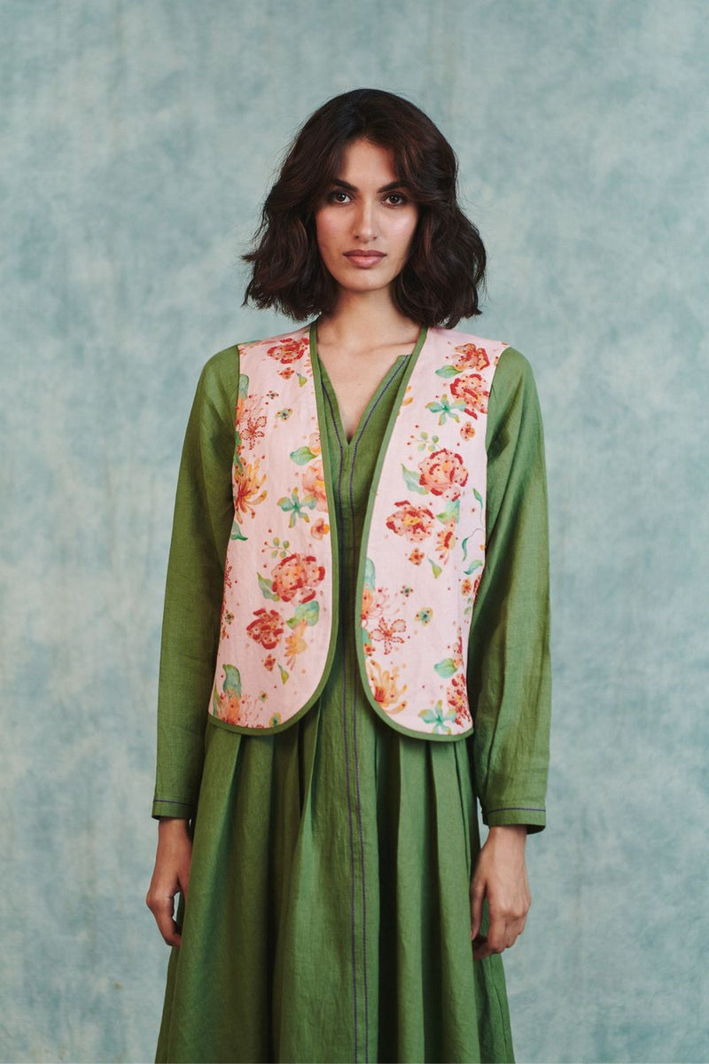 Flora Co Linen Embroidered Rounded Waistcoat cotton linen jacket/overlay by Saphed in light pink for women in Singapore