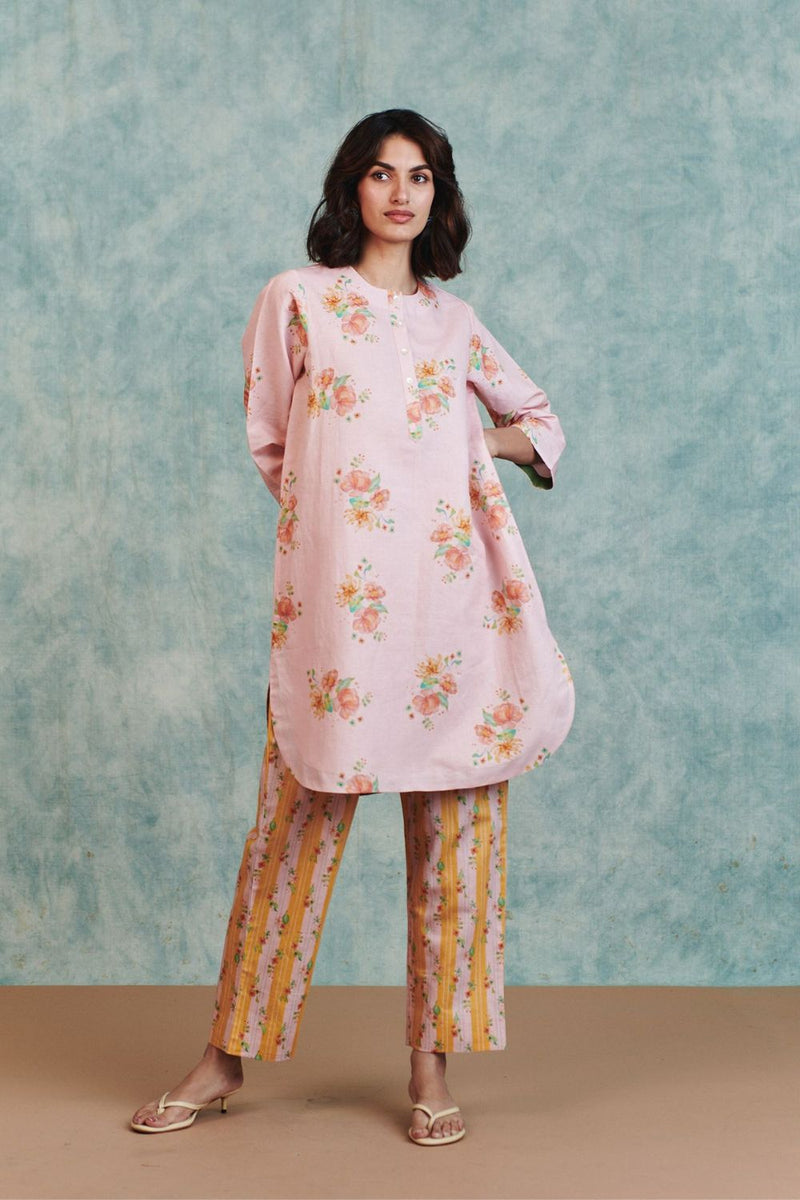 Flora Co Linen Round Hem Kurta Set cotton linen light kurta set by Saphed in pink for women in Singapore