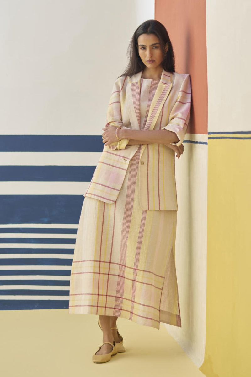 Inara Check Linen Dress With Blazer
- Sand linen by Manan in natural color for women in Singapore