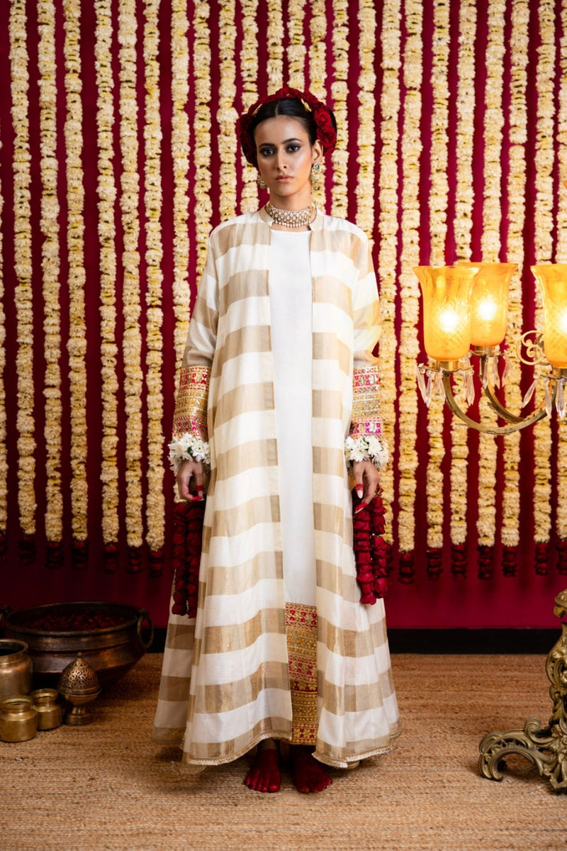 3 Pc Jacket, Inner & Pant Set-Offwhite / Gold chanderi silk indo-western by Sabo by Sabina in yellow for women in Singapore