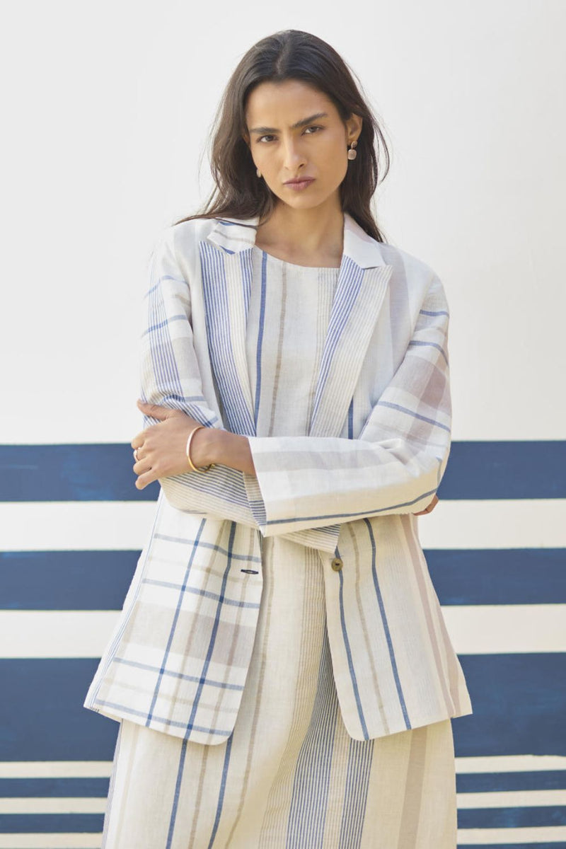 Inara Check Linen Dress With Blazer
- Ivory linen by Manan in ivory color for women in Singapore