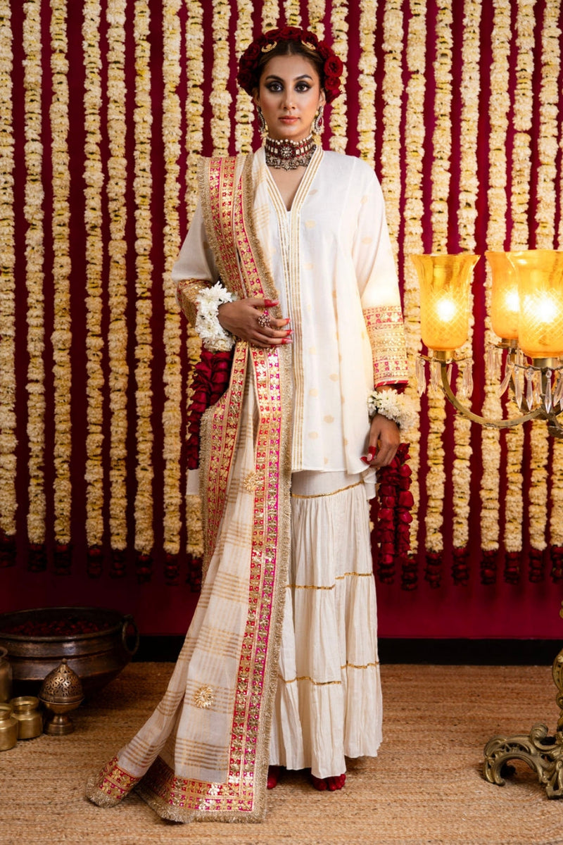 Offwhite Gharara & Gota Work Kurti set with Dupatta-Offwhite pure cotton kurta/kurta set by Sabo by Sabina in offwhite for women in Singapore