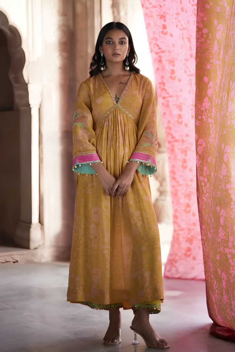 Nadira Yellow Tree Bell Sleeve Kurta Set