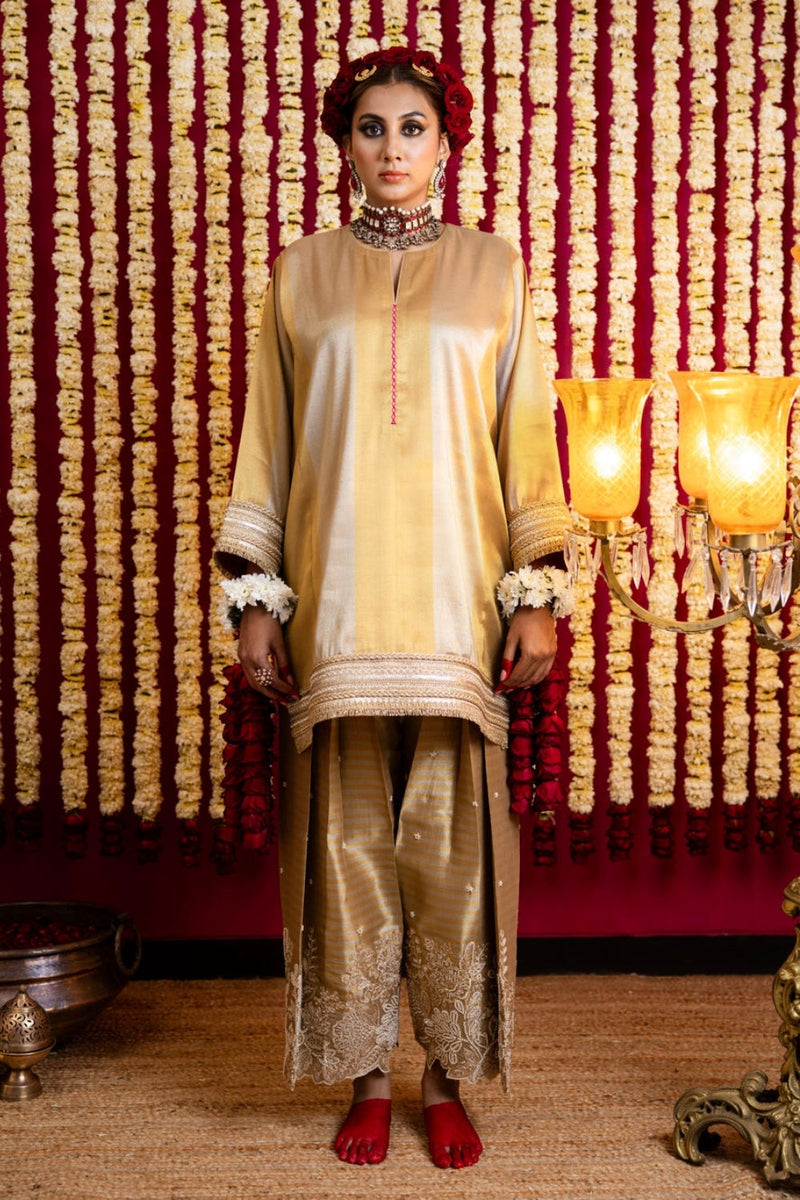 Silk & Gold Broad Striped Tissue Tunic & Pant Set-Pink Backing tissue kurta/kurta set by Sabo by Sabina in pink for women in Singapore