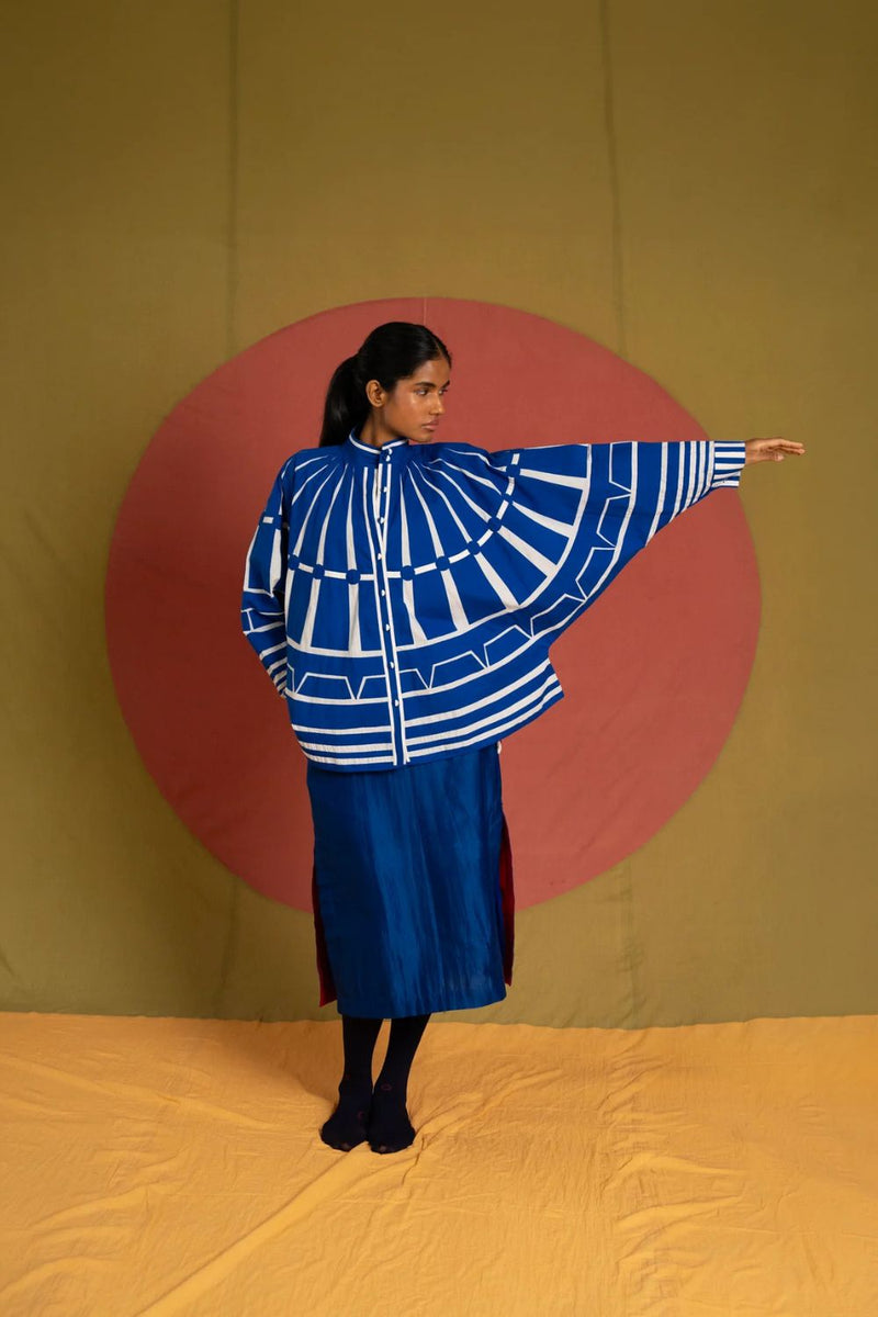 Batana Simp Jacket-White and Blue cotton jacket/overlay by Ka-Sha in blue for women in Singapore