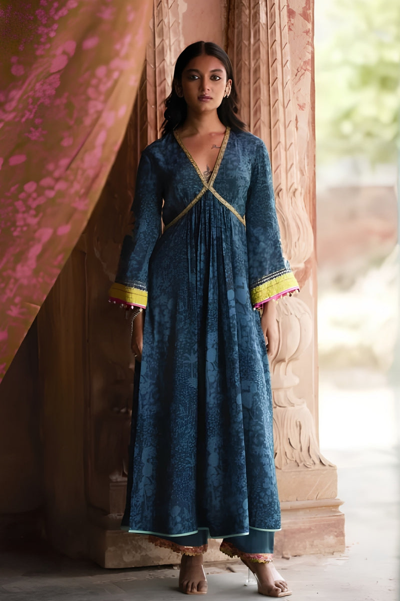 Nadira Teal Tree Bell Sleeve Kurta Set