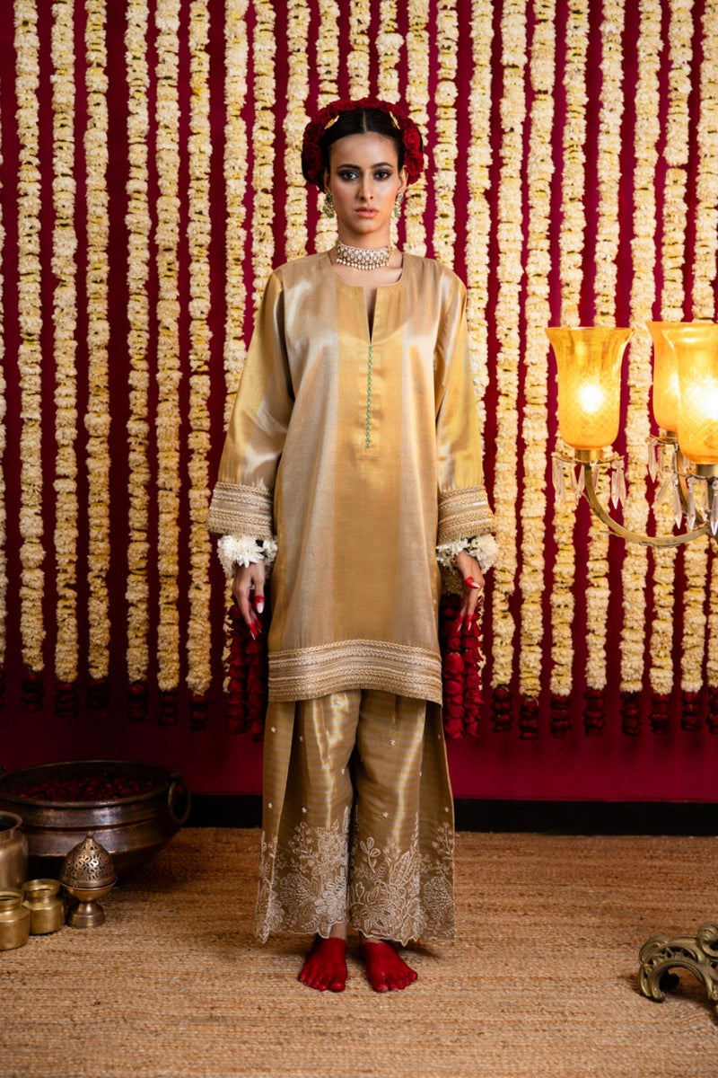 Silk & Gold Broad Striped Tissue Tunic & Pant Set-Emerald Green Backing tissue kurta/kurta set by Sabo by Sabina in green for women in Singapore