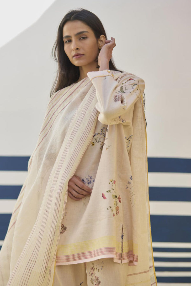 Mana Stripe Handloom Linen Dupatta - Sand linen by Manan in natural color for women in Singapore