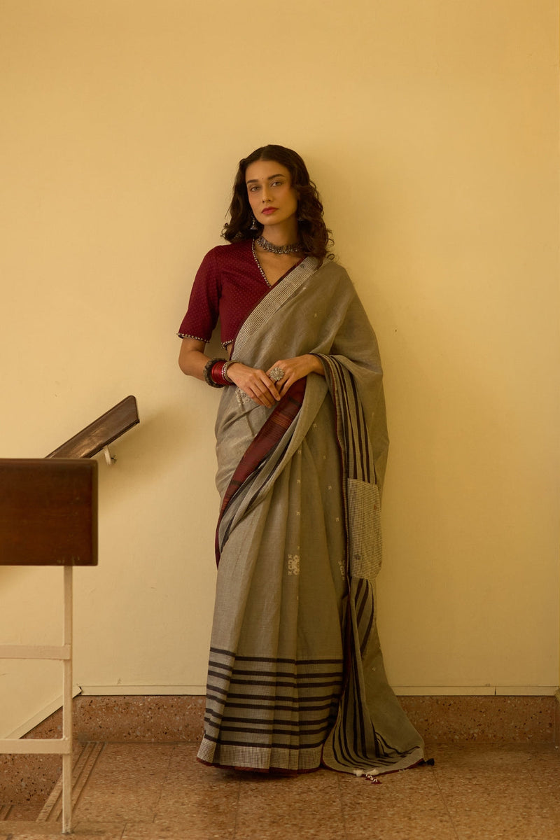 Sudha Sari silk cotton jamdani by SWATTI KAPOOR in white for women in Singapore