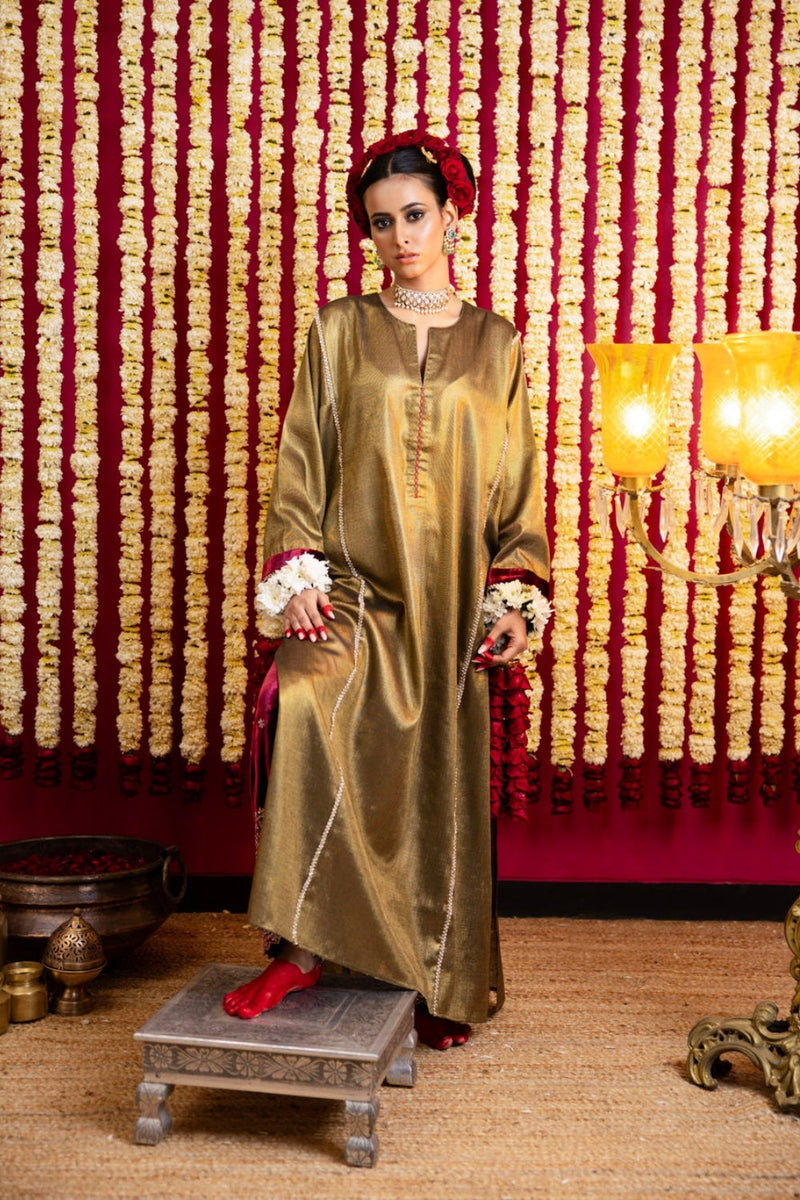 Tissue Tunic & Velvet Pant Set-Antique Gold Tunic / Maroon-Red Farshi Izhaar tissue kurta/kurta set by Sabo by Sabina in yellow for women in Singapore