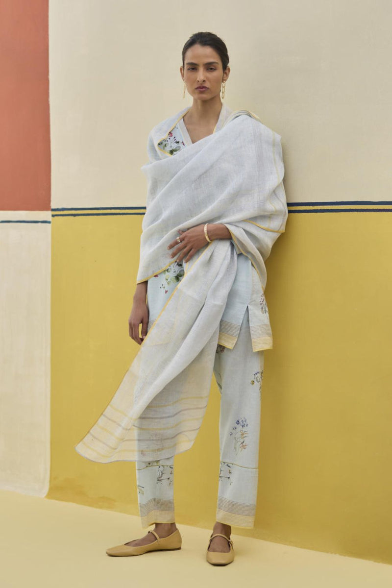 Mana Stripe Handloom Linen Dupatta - Sky linen by Manan in blue color for women in Singapore
