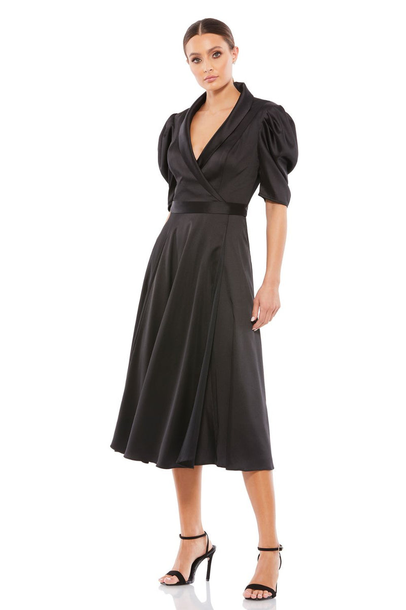 MD-26628 Collared Short Dress-Black satin by Mac Duggal in black color for women in Singapore