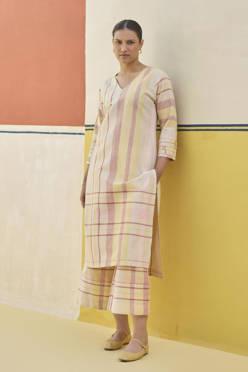 Misa Check Linen Kurta - Sand linen by Manan in natural color for women in Singapore