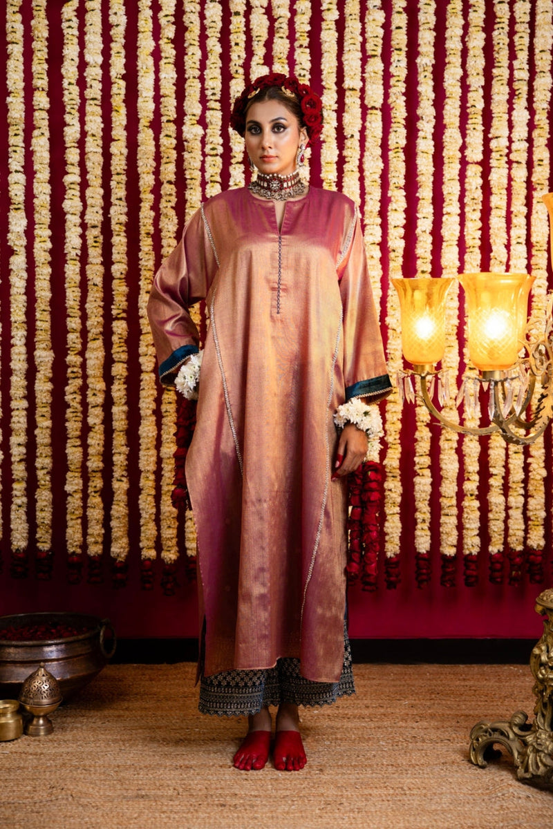 Tissue Tunic & Velvet Pant Set-Dusty Pink Tunic / Teal Blue Farshi Izhaar tissue kurta/kurta set by Sabo by Sabina in pink for women in Singapore