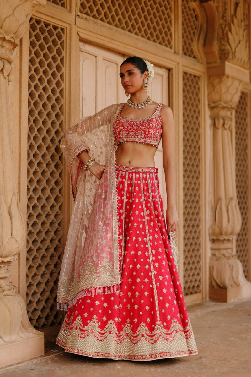 Noorbano-Hot Pink Lehenga Set With Blouse And Dupatta raw silk lehenga sets by SHEETAL BATRA in pink for women in Singapore