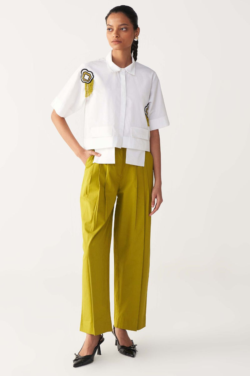 THREE PLEAT PANT-LIME poplin by THREE for women in Singapore