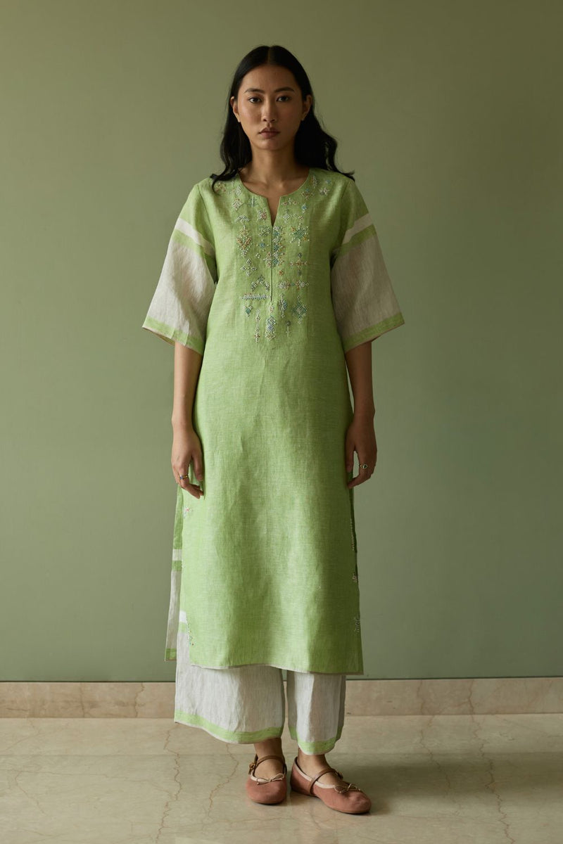 Vira Hand-Emboidered Linen Kurta Set-Green linen by Manan in green color for women in Singapore