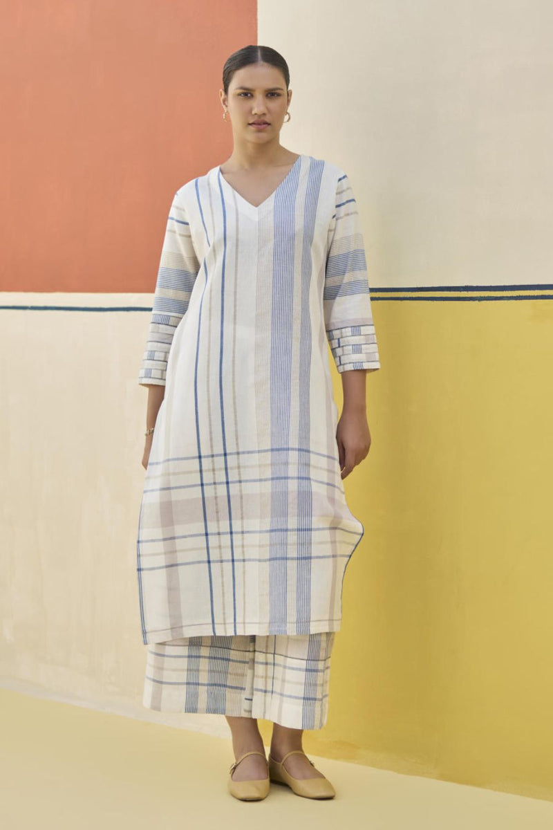Misa Check Linen Kurta - Ivory linen by Manan in ivory color for women in Singapore