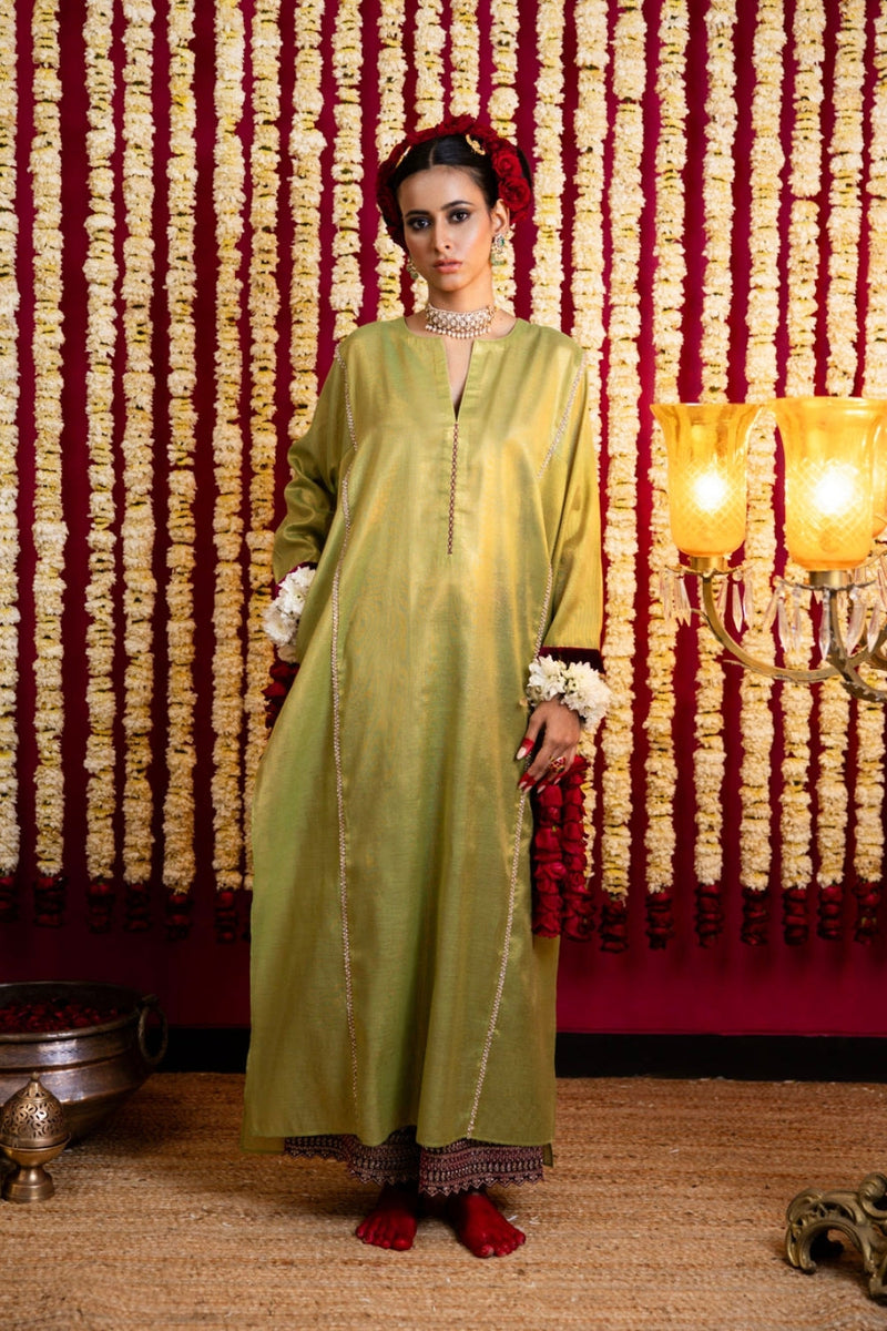 Tissue Tunic & Velvet Pant Set-Lime Green Tissue / Wine Farshi Izhaar tissue kurta/kurta set by Sabo by Sabina in green for women in Singapore