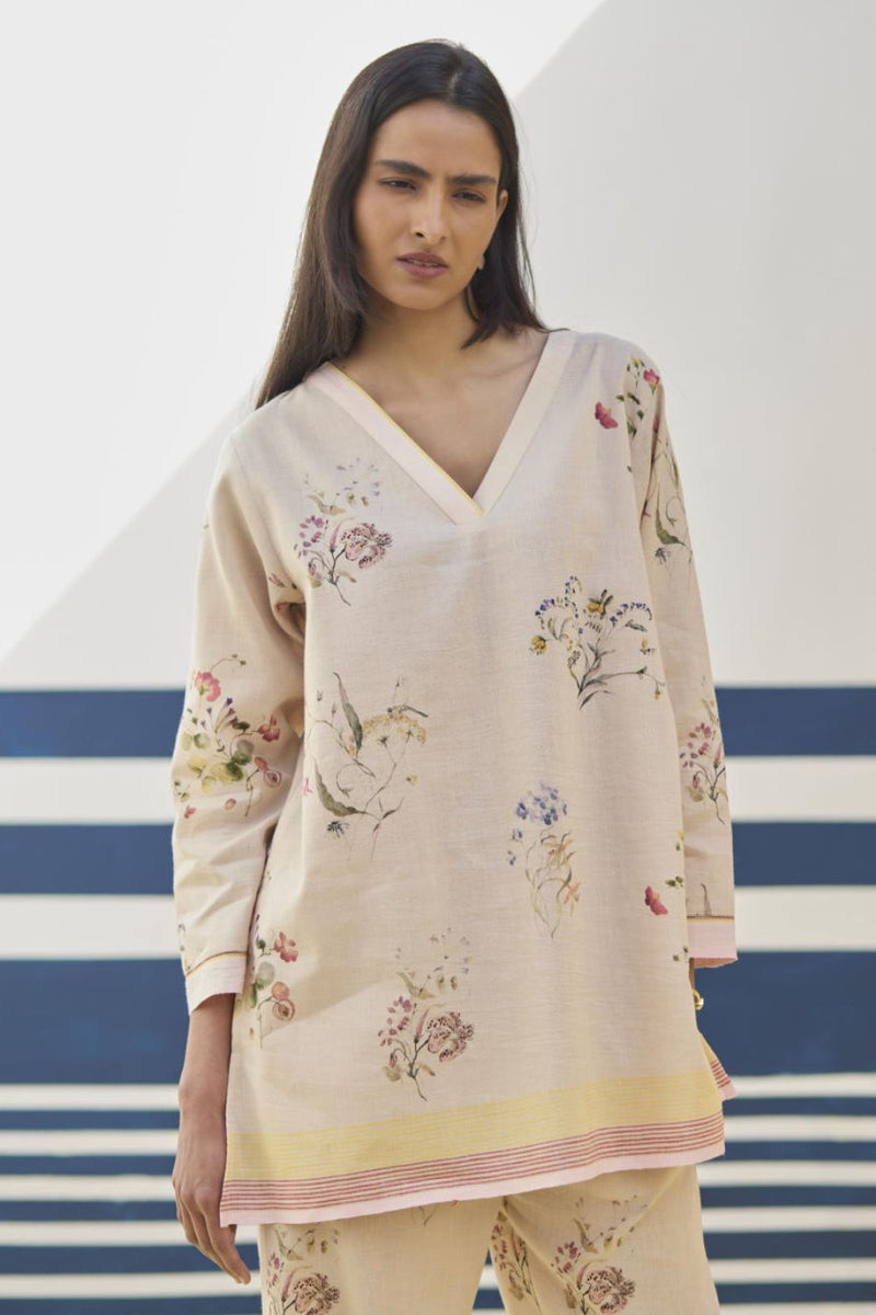 Raha Watercolour Floral Kurta - Sand linen by Manan in natural color for women in Singapore
