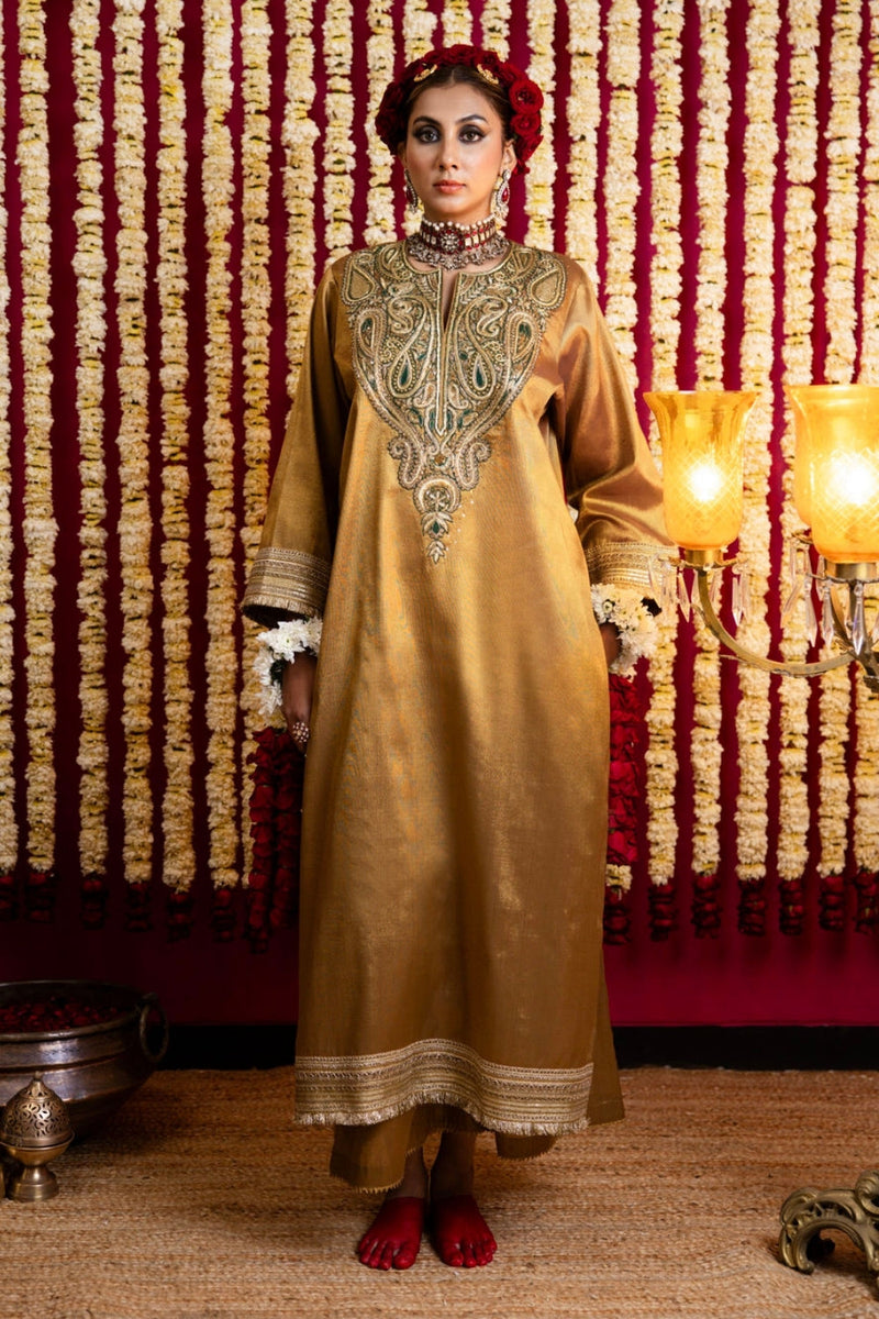 Antique Gold Tissue Tunic & Pant Set-Emerald Green Embroidery tissue kurta/kurta set by Sabo by Sabina in green for women in Singapore