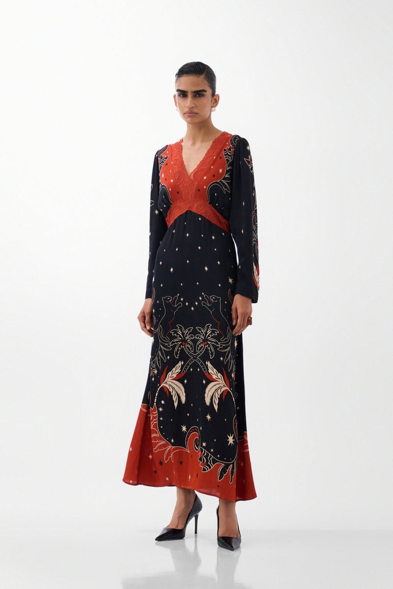 Aura Maxi-Nocturnal Jungle viscose dress by NOIB in multi-color for women Worldwide