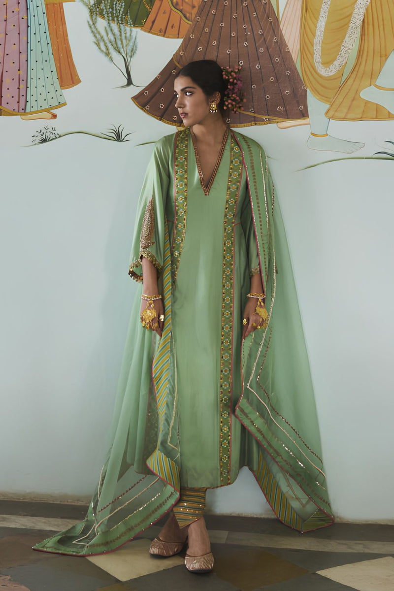 GUL SAGE GREEN SIDE KALI SILK KURTA SET