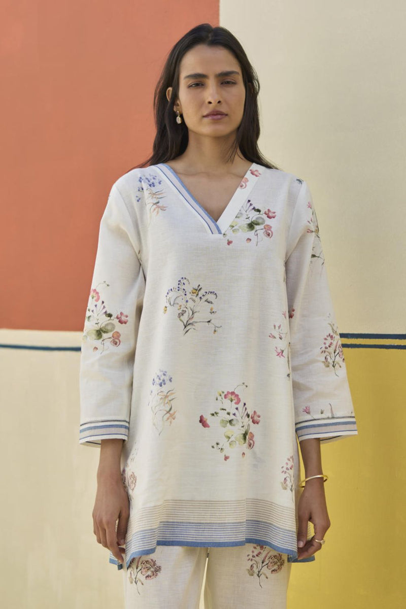 Raha Watercolour Floral Kurta - Ivory linen by Manan in ivory color for women in Singapore
