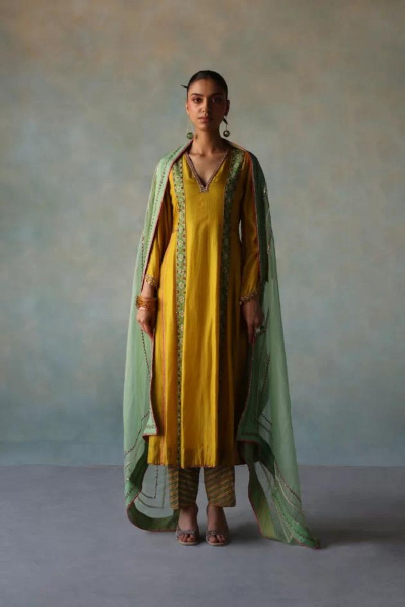 GUL LIME YELLOW SIDE KALI SILK KURTA SET silk by Rajiramniq for women in Singapore