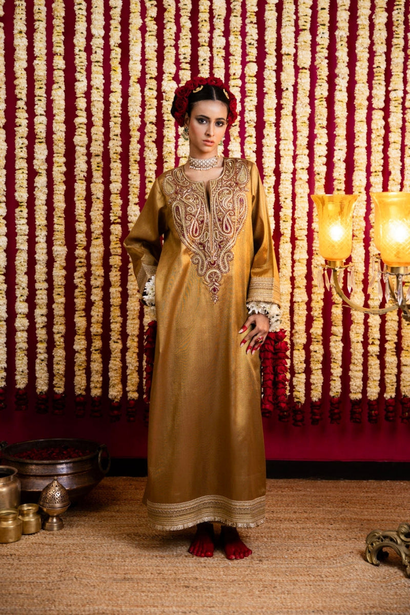 Antique Gold Tissue Tunic & Pant Set-Maroon Embroidery tissue kurta/kurta set by Sabo by Sabina in maroon for women in Singapore