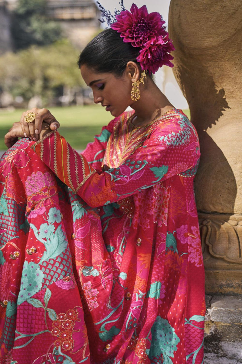 GUL JESTER RED PRINTED CREPE SHORT YOKE ANARKALI SET by Rajiramniq for women in Singapore