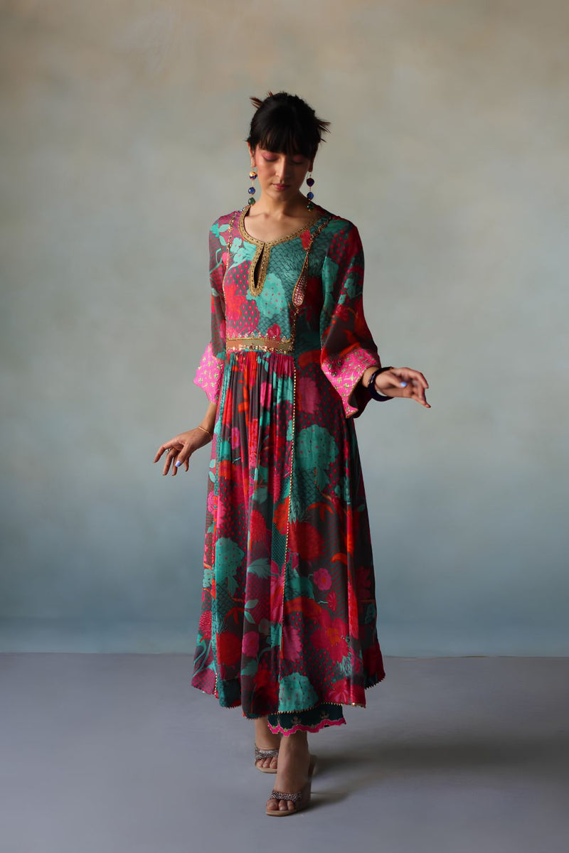 GUL TEAL YOKE CHECK SLEEVE KURTA SET