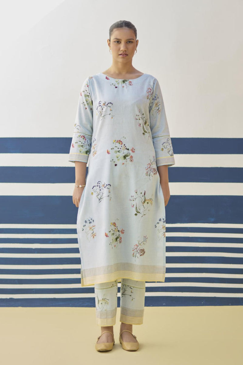 Kera Floral Hand-Embroidered Kurta - Sky linen by Manan in blue color for women in Singapore