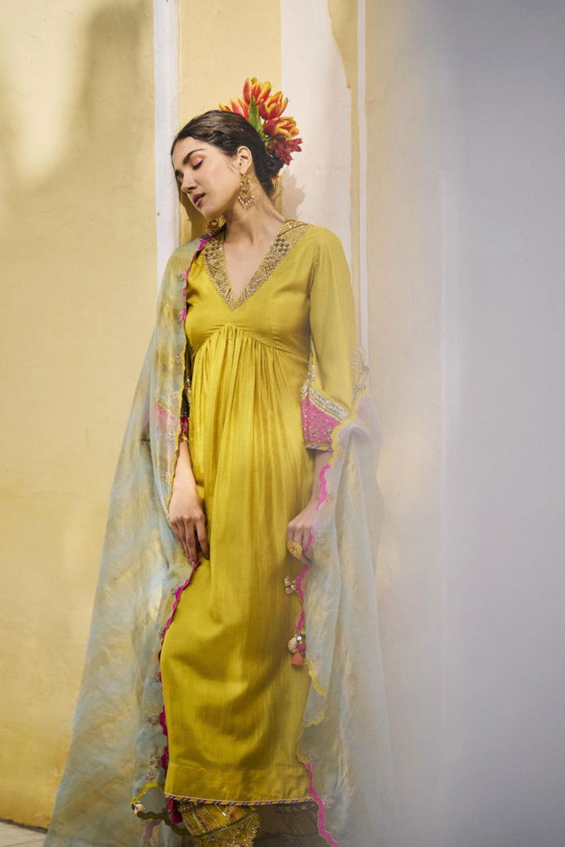 GUL LIME YELLOW BELL SLEEVE SILK KURTA SET silk by Rajiramniq for women in Singapore
