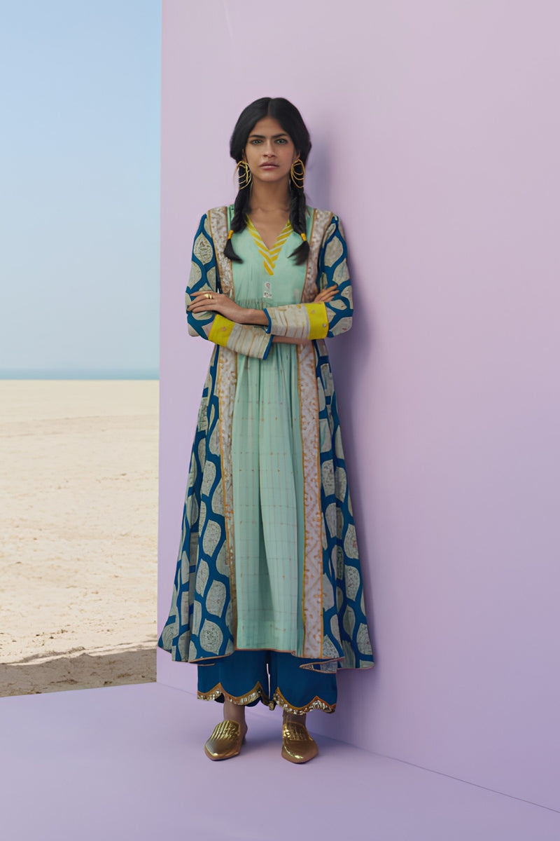 TEAL BLUE - POWDER BLUE PRINTED PANEL KURTA SET