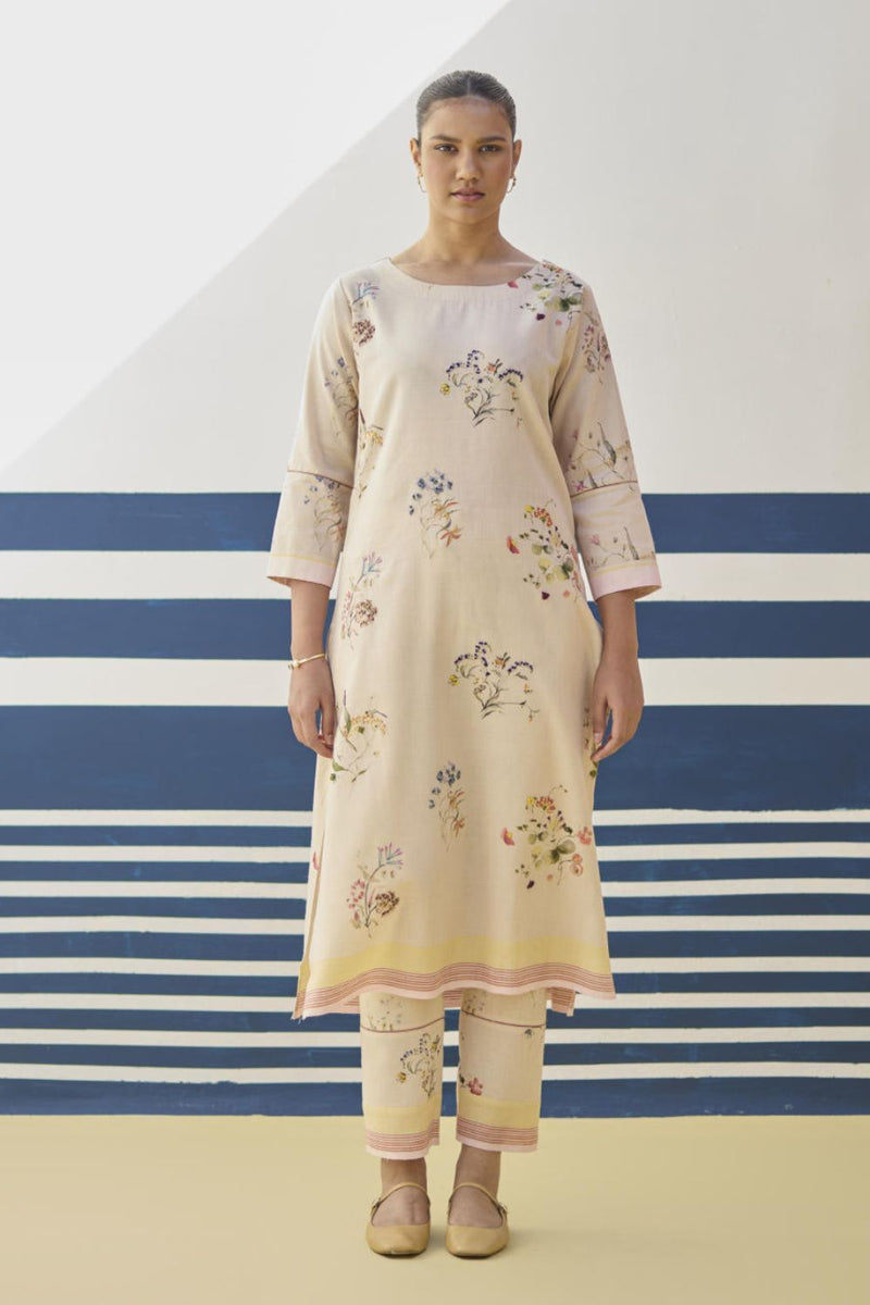Kera Floral Hand-Embroidered Kurta - Sand linen by Manan in natural color for women in Singapore