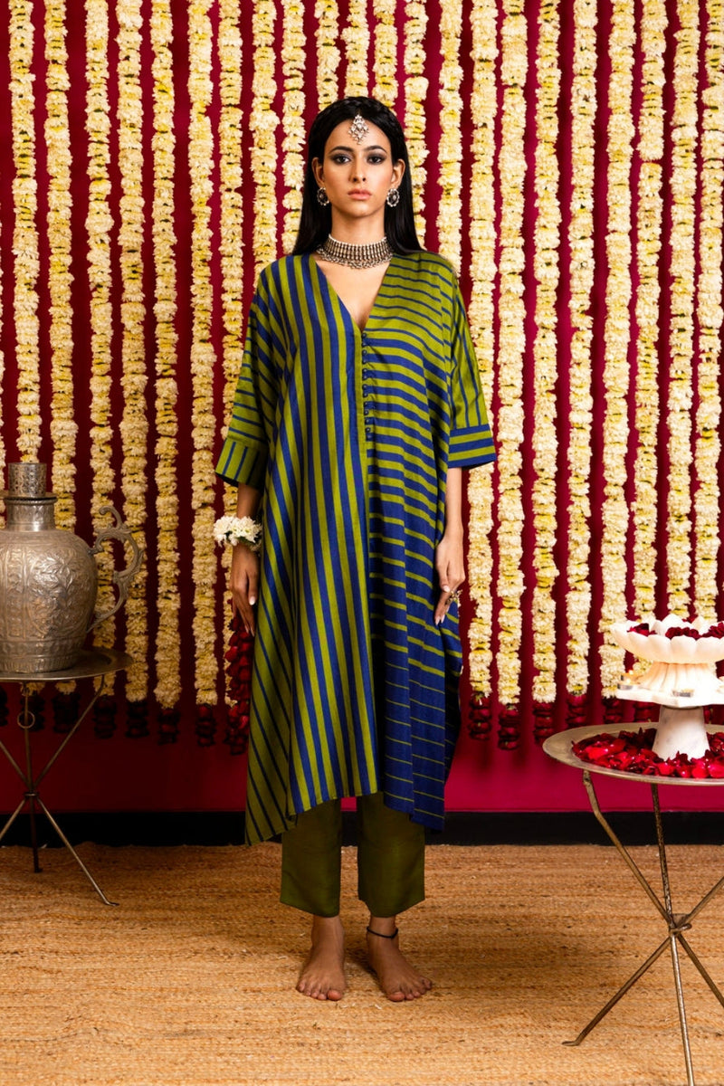 Silk Striped Vertical / Horizontal Tunic & Pant Set-Blue & Green silk striped vertical / horizontal kurta/kurta set by Sabo by Sabina in green for women in Singapore