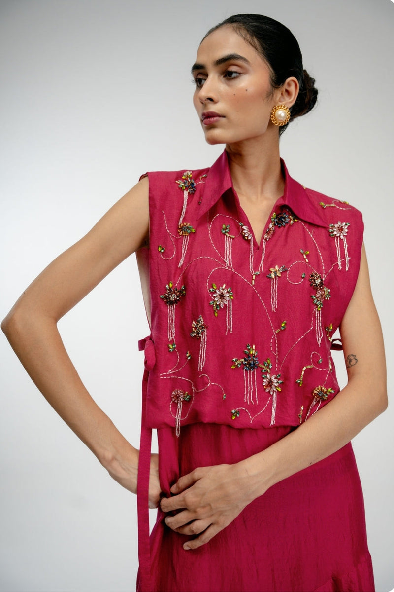 Found Again Bib mulberry silk jacket/overlay by Ode to Odd in pink for women in Singapore