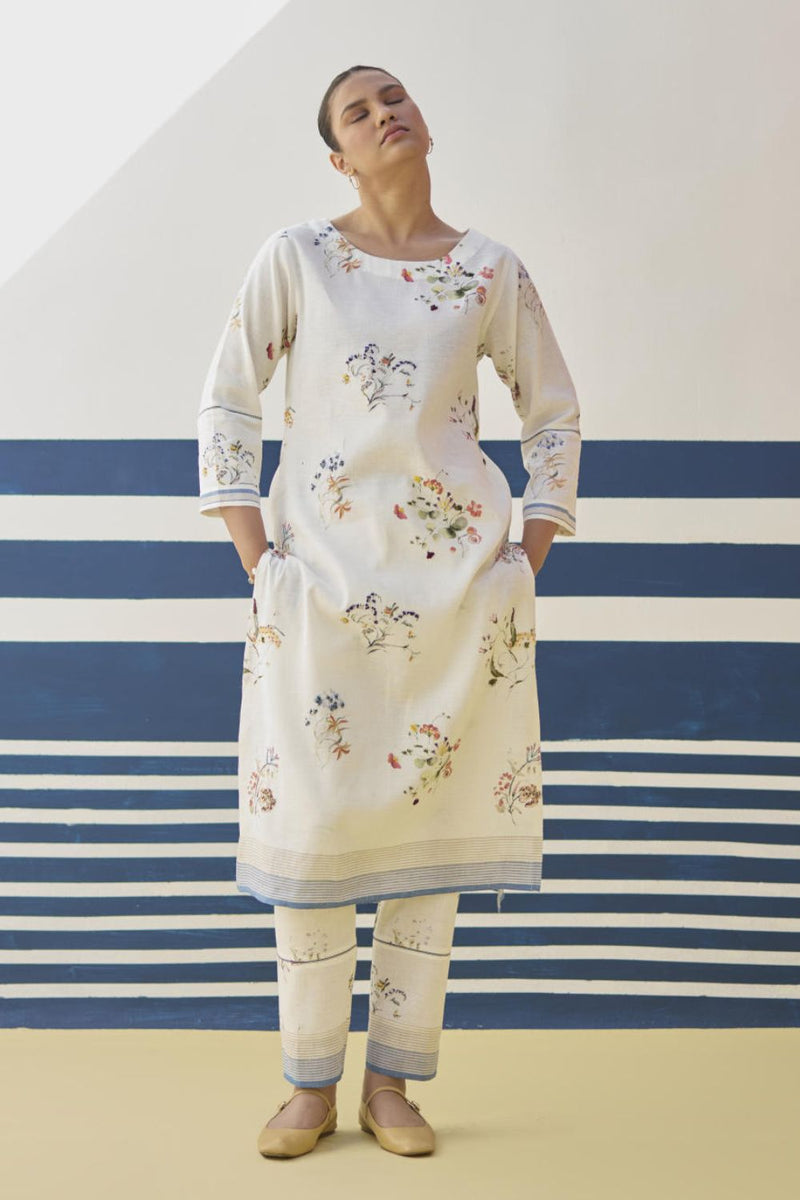 Kera Floral Hand-Embroidered Kurta - Ivory linen by Manan in ivory color for women in Singapore