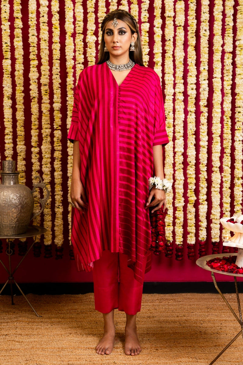 Silk Striped Vertical / Horizontal Tunic & Pant Set-Pink & Red silk striped vertical / horizontal kurta/kurta set by Sabo by Sabina in pink for women in Singapore