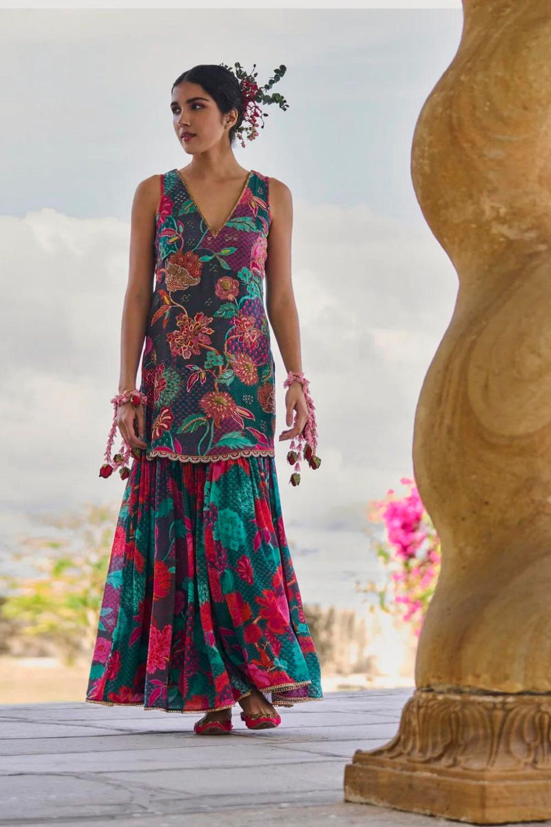 GUL TEAL FLORAL CREPE GHARARA SET by Rajiramniq for women in Singapore