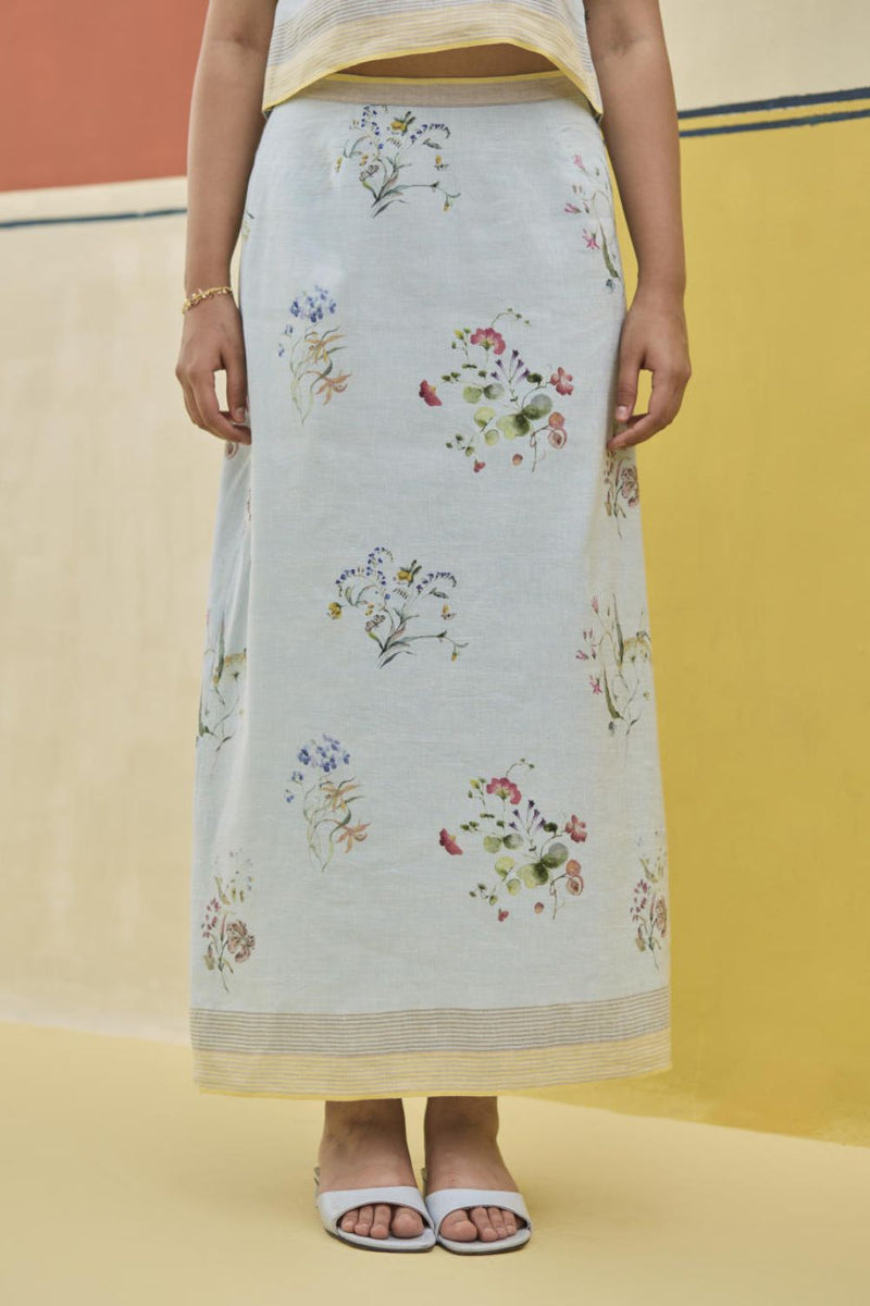 Leena Watercolour Floral Skirt - Sky linen by Manan in blue color for women in Singapore
