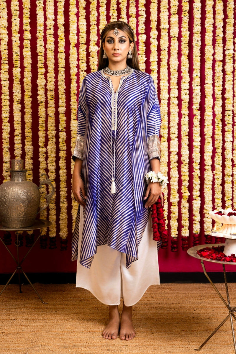 Leheriya Silk 2 Tunic & Pant Set-Ink Blue leheriya silk kurta/kurta set by Sabo by Sabina in blue for women in Singapore