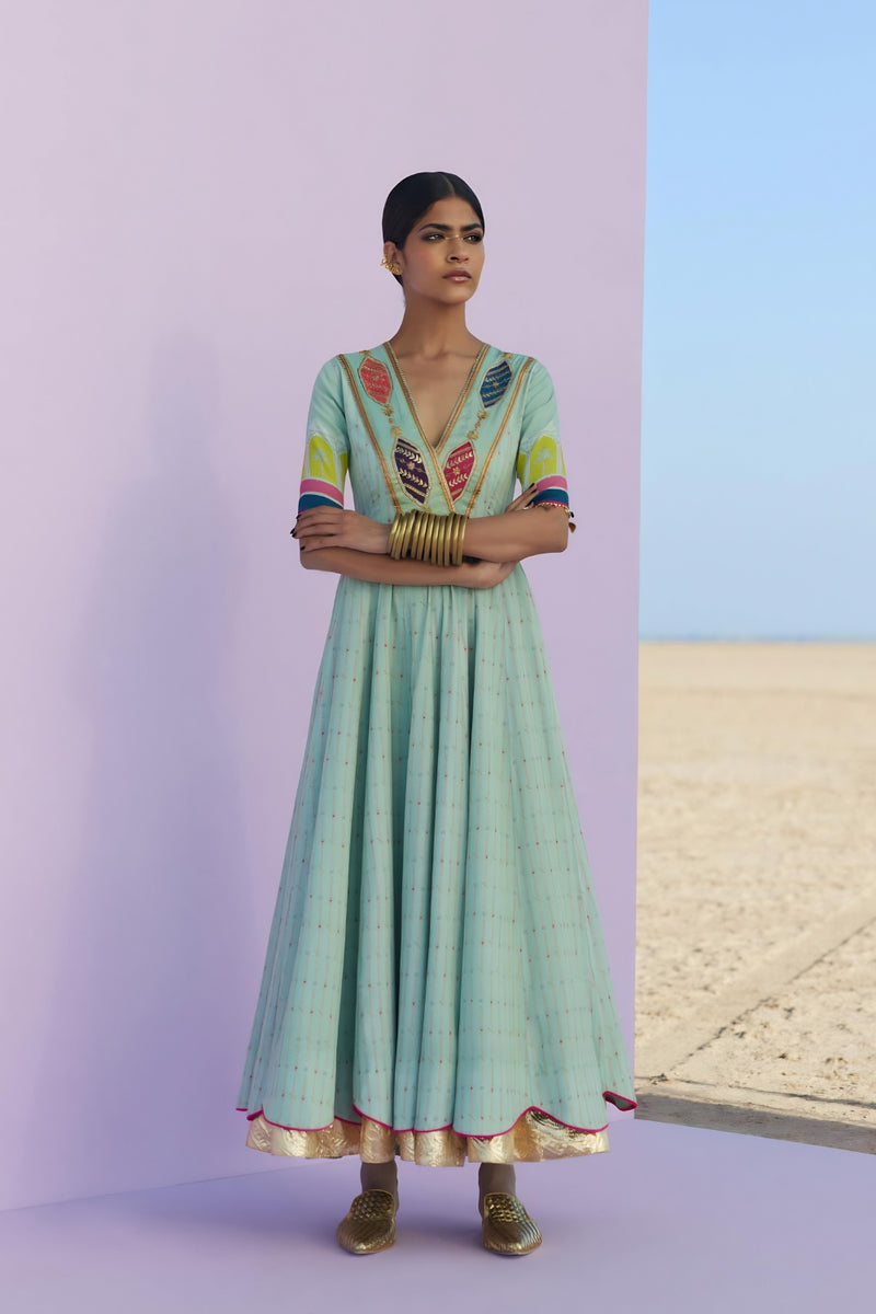 POWDER BLUE PRINTED ANARKALI SET