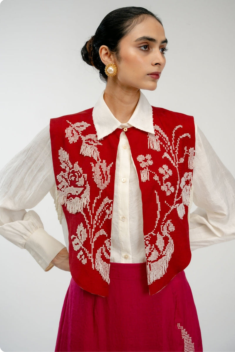 From Before Bib mulberry silk jacket/overlay by Ode to Odd in red for women in Singapore
